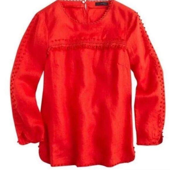 J Crew Women's Embroidered Knot Linen Long Sleeve in Red size 6 - Picture 1 of 12